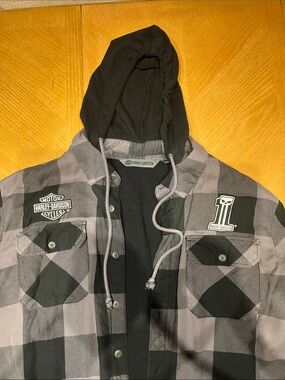 Harley-Davidson Black & Gray Plaid Hooded Shirt Jacket